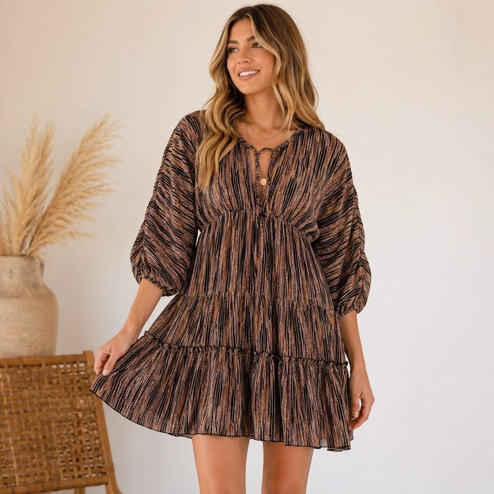 Boho‎ Tiered Mini Dress Women Small Brown Black Puff Sleeve V Neck